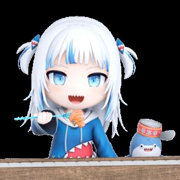 1girl 1nabatewi 3d animal_costume animated animated_gif bloop_(gawr_gura) blue_eyes blue_hoodie blunt_bangs conveyor_belt_sushi eating fish_(food) food gawr_gura gawr_gura_(1st_costume) hair_ornament hololive hololive_english hood hoodie huge_filesize medium_hair nigirizushi polearm shark_costume shark_girl shark_hair_ornament sharp_teeth sushi teeth tin_can transparent_background trident two_side_up virtual_youtuber weapon white_hair