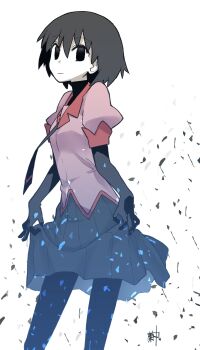 1girl :| absurdres adjusting_clothes artist_name black_eyes black_gloves black_hair black_necktie black_pantyhose black_skirt bob_cut breasts closed_mouth commentary curtsey elbow_gloves empty_eyes expressionless feet_out_of_frame gloves highres kikumaru_bunta looking_at_viewer looking_to_the_side monogatari_(series) naoetsu_high_school_uniform necktie oshino_ougi pale_skin pantyhose pink_shirt pleated_skirt puffy_short_sleeves puffy_sleeves red_trim school_uniform shards shirt short_hair short_sleeves signature skirt small_breasts solo standing summer_uniform translated turtleneck undershirt white_background