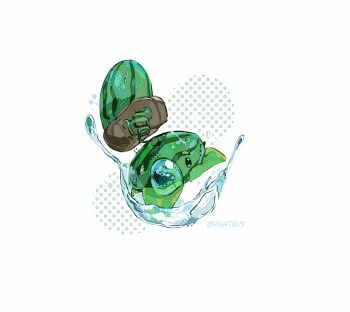 artist_name bubble commentary film_grain food food_focus fruit halftone halftone_background hightguy leaf looking_at_viewer melon-pult_(plants_vs._zombies) no_humans plant plant_focus plants_vs._zombies simple_background solid_oval_eyes solo symbol-only_commentary water watermelon white_background