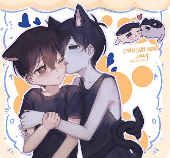 2024 2boys alternate_costume animal_ears animalization antenna_hair black_eyes black_hair black_nails black_shirt black_tank_top bright_pupils cat_boy cat_ears cat_tail chinese_text closed_mouth collarbone colored_skin commentary crying crying_with_eyes_open double-parted_bangs dual_persona english_commentary hair_between_eyes heart hmaokuro intertwined_tails kemonomimi_mode licking licking_another's_cheek licking_another's_face male_focus multiple_boys omori omori_(omori) one_eye_closed parted_lips person_and_animalization shirt short_hair short_sleeves sunny_(omori) t-shirt tail tank_top tears tongue tongue_out translation_request white_pupils white_skin