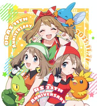 3girls :d anniversary artist_name bandana bare_shoulders bike_shorts bike_shorts_under_shorts black_gloves black_shorts bow bow_hairband bracelet brown_hair closed_eyes closed_mouth commentary_request dated dress eyelashes facing_viewer gen_3_pokemon gloves green_bandana grey_eyes hair_bow hairband highres hiyori_(rindou66) jewelry looking_at_viewer may_(pokemon) mudkip multiple_girls multiple_persona nintendo one_eye_closed open_mouth orange_dress pokemon pokemon_(creature) pokemon_emerald pokemon_oras pokemon_rse red_bandana red_bow red_hairband red_shirt shirt short_hair short_sleeves shorts sleeveless sleeveless_dress sleeveless_shirt smile star_(symbol) teeth torchic treecko two-tone_gloves upper_teeth_only v w white_gloves white_shorts