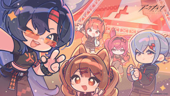 Rule 34 | 4girls, angelina (arknights), animal ears, arknights, artist request, belt, black belt, black bow, black hoodie, black shirt, black shorts, black skirt, blaze (arknights), blue hair, bottle, bow, bracelet, brown hair, cat ears, cat girl, commentary request, copyright name, copyright notice, crop top, demon girl, double-parted bangs, fox ears, fox girl, gloves, grey hair, hair bow, hair bun, hairband, highres, holding, holding bottle, hood, hoodie, horns, infection monitor (arknights), jewelry, long hair, long sleeves, looking at viewer, medium hair, multiple girls, multiple rings, necktie, official alternate costume, official art, one eye closed, orange-tinted eyewear, orange eyes, overalls, polka dot, polka dot bow, purple eyes, purple hair, ray (arknights), red eyes, red gloves, red hairband, red horns, red necktie, red overalls, ring, selfie, shirt, short shorts, shorts, skadi (arknights), skirt, smile, stage, star (symbol), sunglasses, teeth, tinted eyewear, twintails, upper body, upper teeth only, v, very long hair, vigna (arknights), w, waving