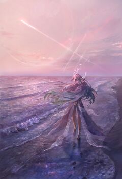 1girl absurdres aonon_040 aqua_hair beach commentary cyrene_(honkai:_star_rail) cyrene_(ripples_of_past_reverie)_(honkai:_star_rail) dress from_behind gradient_hair halo high_heels highres honkai:_star_rail honkai_(series) long_hair multicolored_hair ocean outdoors pink_hair sky solo two-tone_hair very_long_hair white_dress