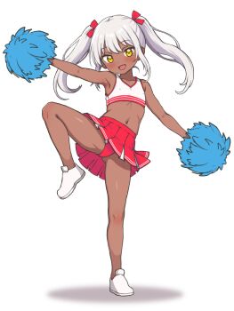 1girl :d armpits bare_arms blush cheerleader covered_erect_nipples crop_top dark-skinned_female dark_skin hair_ribbon highres holding holding_pom_poms loli long_hair midriff miniskirt nattocurryumeee navel open_mouth original panties pleated_skirt pom_pom_(cheerleading) pom_poms red_panties red_ribbon red_skirt ribbon shoes simple_background skirt smile solo standing standing_on_one_leg twintails underwear white_background white_shoes yellow_eyes