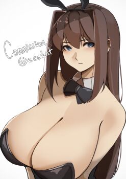 absurdres animal_ears aozaki_aoko bare_shoulders black_leotard blue_eyes breasts brown_hair cleavage code_nt commission fake_animal_ears highres huge_breasts leotard mahou_tsukai_no_yoru playboy_bunny rabbit_ears simple_background strapless strapless_leotard upper_body white_background