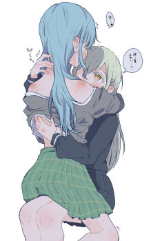 2girls bang_dream! bang_dream!_it's_mygo!!!!! black_shirt black_skirt blue_hair blush commentary_request green_hair green_skirt grey_jacket hair_down hair_ornament hairclip hand_on_another's_back haneoka_school_uniform highres jacket long_sleeves multiple_girls nago_(hasakimati) off_shoulder plaid_clothes plaid_skirt pleated_skirt school_uniform shirt simple_background sitting sitting_on_lap sitting_on_person skirt speech_bubble thought_bubble togawa_sakiko translation_request tsukinomori_school_uniform wakaba_mutsumi white_background yellow_eyes yuri