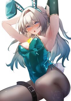 1girl :o absurdres animal_ears aqua_leotard armpits arms_behind_back bell blush brown_hairband brown_pantyhose brown_ribbon covered_navel firefly_(honkai:_star_rail) gradient_eyes gradient_hair green_pupils grey_hair hair_between_eyes hair_intakes hair_ornament hair_ribbon hairband heart heart_print highres honkai:_star_rail honkai_(series) leotard long_hair memeiradesuyo multicolored_eyes multicolored_hair neck_bell open_mouth pantyhose rabbit_ears ribbon simple_background solo sweatdrop thigh_strap white_background