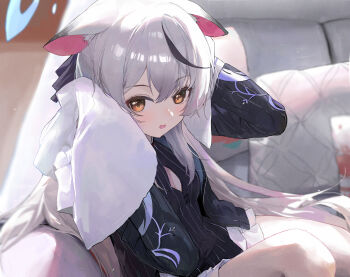 1girl absurdres animal_ears black_dress black_jacket blue_archive blue_halo blush breasts cleavage cleavage_cutout clothing_cutout commentary dress drying drying_hair drying_own_hair grey_hair halo highres holding holding_towel jacket jianjia kokona_(blue_archive) long_hair looking_at_viewer open_clothes open_jacket open_mouth orange_eyes small_breasts solo towel very_long_hair