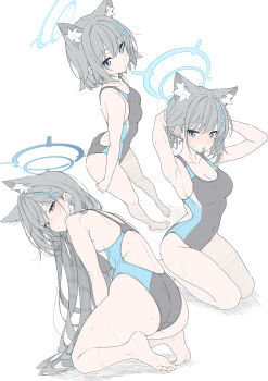 3girls absurdres animal_ear_fluff animal_ears armpits ass black_one-piece_swimsuit blue_archive blue_eyes blue_halo breasts broken_halo cleavage commentary competition_swimsuit cosplay cross cross_hair_ornament extra_ears feet flat_color grey_hair hair_ornament hair_tie_in_mouth halo highres inverted_cross large_breasts light_blush long_hair looking_at_viewer medium_breasts medium_hair mismatched_pupils mouth_hold multicolored_swimsuit multiple_girls official_alternate_costume one-piece_swimsuit ponytail seiza self_cosplay shiroko_(blue_archive) shiroko_(blue_archive)_(cosplay) shiroko_(swimsuit)_(blue_archive) shiroko_(young)_(blue_archive) shiroko_terror_(blue_archive) short_hair short_ponytail simple_background sitting small_breasts soles standing swimsuit symbol-only_commentary t1kosewad toes tying_hair wet white_background wolf_ears wolf_girl