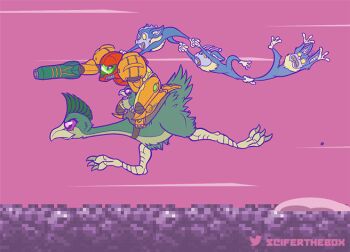 1girl 2017 animated animated_gif arm_cannon armor bird dachora_(metroid) etecoon_(metroid) metroid monkey nintendo ostrich power_armor power_suit_(metroid) riding saddle samus_aran super_metroid varia_suit weapon
