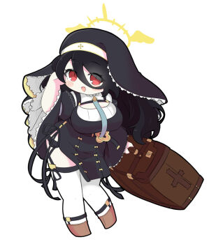 1girl :d black_dress black_hair blue_archive blush_stickers boots breasts brown_boots chibi dress eyes_visible_through_hair full_body hair_over_one_eye halo hand_up hinata_(blue_archive) holding juliet_sleeves large_breasts long_hair long_sleeves looking_at_viewer miranofuudoria nun open_mouth puffy_sleeves red_eyes side_slit simple_background smile solo thighhighs thighhighs_under_boots veil very_long_hair white_background white_thighhighs wide_sleeves