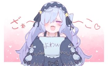 1girl :d absurdres black_ribbon blue_hairband border bow commentary_request dress fang frilled_dress frills gradient_background hair_over_one_eye hair_ribbon hairband half-closed_eyes hands_up highres holding holding_sign holding_sketchbook lolita_fashion lolita_hairband long_hair long_sleeves looking_at_viewer mahou_shoujo_no_majo_saiban mesugaki natsume_an-an negimasandayo one_side_up open_mouth pink_background polka_dot polka_dot_bow purple_eyes ribbon sign sketchbook sleeves_past_fingers sleeves_past_wrists smile smug solo star_(symbol) translation_request upper_body very_long_hair white_border