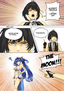 2girls ? absurdres ahoge ancient_greek_clothes antenna_hair bare_shoulders black_gloves black_hair blue_eyes blue_hair breasts cleavage closed_eyes colored_inner_hair colored_tips commentary cross-laced_clothes cross-laced_top determined earrings english_commentary english_text female_rover_(wuthering_waves) gloves gold_bra greco-roman_clothes hair_belt hair_ornament hair_ribbon hairclip halterneck hand_on_own_hip hand_on_own_thigh head_wreath highres iuno_(wuthering_waves) jewelry long_hair looking_at_viewer medium_breasts multicolored_hair multiple_girls open_mouth parallel_hairclips parted_lips partially_fingerless_gloves pointing pointing_at_another rezilism ribbon rover_(wuthering_waves) shouting tacet_mark_(wuthering_waves) thighlet thighs triangle_earrings twintails underboob very_long_hair white_hair wuthering_waves yellow_eyes yellow_ribbon