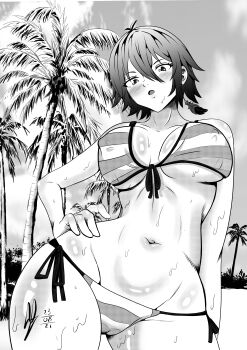 Rule 34 | 1girl, absurdres, beach, bikini, bikini bottom only, bikini top only, black bikini, black hair, breasts, dripping, dripping, feather hair ornament, feathers, hair ornament, highres, hot, large breasts, looking at viewer, looking down, looking to the side, maskodd, monochrome, oil, original, palm tree, palms, signature, solo, sweat, sweatdrop, swimsuit, tree