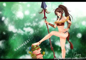 1girl :o anklet barefoot blush bracelet breasts brown_eyes brown_hair cheng chinese_text cleavage earrings facial_mark forehead_mark high_ponytail highres jewelry league_of_legends letterboxed loincloth long_hair long_legs midriff navel necklace nidalee polearm ponytail signature spear teemo trampling translated watermark weapon web_address