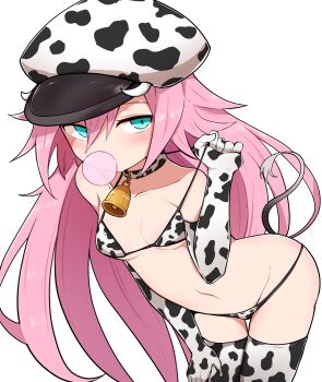 1girl adjusting_bra adjusting_clothes animal_print belial_(megido72) bell bikini blush bra breasts chewing_gum collarbone cow_print cow_print_bikini cow_print_bra cow_print_gloves cow_print_panties cow_print_thighhighs cow_tail cowboy_shot elbow_gloves gloves green_eyes groin hair_between_eyes hat highres long_hair looking_at_viewer megido72 navel neck_bell pink_hair print_bikini print_gloves print_thighhighs simple_background small_breasts solo swimsuit tail tamamayu_(artist) thighhighs underwear very_long_hair visor_cap white_background