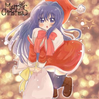 1girl :o black_thighhighs blue_eyes blue_hair blush_stickers boots bow bowtie brown_boots capelet christmas commentary_request dress hair_between_eyes hair_intakes hat highres holding holding_sack kanon konomi_(konomi00e) leaning_forward long_hair long_sleeves looking_at_viewer merry_christmas minase_nayuki open_mouth pink_bow pink_bowtie red_dress red_hat sack santa_hat school_uniform sidelocks solo star_(symbol) straight_hair tareme thighhighs twitter_username very_long_hair white_capelet zettai_ryouiki