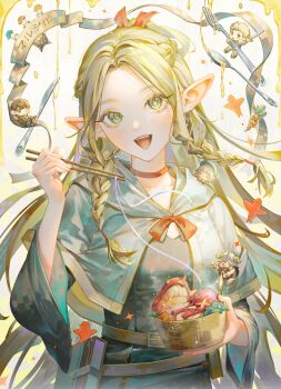 3boys 3girls absurdres beret blonde_hair bowl braid capelet character_name chibi chilchuck_tims choker chopsticks dungeon_meshi dwarf elf fake_horns falin_touden falin_touden_(tallman) fangs food fork hair_ribbon hat helmet highres holding holding_bowl holding_chopsticks holding_sword holding_weapon horned_helmet horns izutsumi kensuke_(dungeon_meshi) laios_touden long_hair looking_at_viewer mandrake marcille_donato multiple_boys multiple_girls open_mouth pointy_ears red_choker red_ribbon ribbon senshi_(dungeon_meshi) side_braid spoon sword tamaki_(tamaki599) twin_braids upper_body very_long_hair walking_mushroom_(dungeon_meshi) weapon wide_sleeves