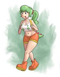 Rule 34 | 1girl, abstract background, backpack, bad tag, bag, breasts, brown eyes, dinosaur girl, earrings, female focus, front, full body, genderswap, green hair, green tail, huge breasts, jewelry, mario (series), nintendo, orange shoes, orange shorts, ponytail, saf-404, saf 404, shorts, tail, thick thighs, thighs, tongue, tongue out, walking, white background, yoshi