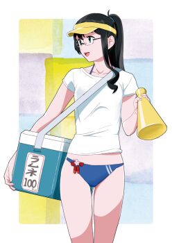 1girl alternate_costume alternate_hairstyle bikini bikini_under_clothes black_hair blue_bikini breasts cooler glasses green_eyes hat holding kantai_collection long_hair ojipon ooyodo_(kancolle) open_mouth ponytail shirt short_sleeves simple_background small_breasts solo swimsuit visor_cap white_shirt yellow_hat