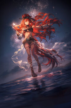 1girl ;) aerial_fireworks animal_ears arknights bare_shoulders belt black_hairband breasts collared_shirt commentary crop_top dagger dusk earrings english_commentary fireworks floating_hair from_below full_body grey_shirt grey_shorts hair_between_eyes hairband helen_zzhao highres holding holding_fireworks horse_ears horse_girl horse_tail jewelry knife long_hair long_tail looking_at_viewer lowleg lowleg_pants medium_breasts midriff mole mole_on_thigh mountainous_horizon multiple_rings narantuya_(arknights) navel night night_sky on_water one_eye_closed open_hand outstretched_arm pants red_eyes red_hair red_tail ring sandals see-through_clothes shirt short_shorts shorts sky sleeveless sleeveless_shirt smile solo sparkle sparkler standing standing_on_one_leg tail thigh_belt thigh_strap tool_belt very_long_hair watermark weapon wedge_heels white_arm_warmers