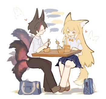 1boy 1girl :d ^_^ absurdres alternate_costume animal_ears arknights bag bandaid bandaid_on_knee bandaid_on_leg black_skirt blank_speech_bubble blonde_hair bow bowtie brown_hair brown_pants brown_tail chinese_commentary chopsticks closed_eyes closed_mouth collared_shirt commentary_request food full_body heart highres holding holding_chopsticks invisible_chair leyuanzhuifang long_hair looking_at_another miniskirt multicolored_hair multiple_tails no_nose open_mouth orange_bow orange_bowtie orange_eyes pants pleated_skirt profile red_hair red_tail school_uniform shirt short_hair short_sleeves simple_background sitting skirt smile speech_bubble split_mouth streaked_hair suzuran&#039;s_father_(arknights) tail traditional_bowtie vulpisfoglia_(arknights) white_background white_hair white_shirt yellow_tail