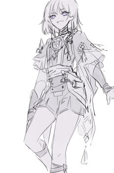 1girl armor arms_at_sides blunt_ends bodysuit eyelashes flower frilled_sleeves frills furisode genderswap genderswap_(mtf) genshin_impact greyscale highres japanese_armor japanese_clothes jewelry juban kimono kote layered_sleeves leggings light_blush looking_at_viewer mandarin_collar mitsudomoe_(shape) monochrome neck_ring o-ring open_clothes open_hand open_kimono open_mouth purple_eyes rope sash scaramouche_(genshin_impact) sgm618 shimenawa short_sleeves shorts single_sode sketch solo spot_color tassel tomoe_(symbol) tsurime white_background