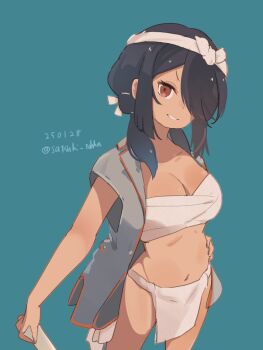 Rule 34 | 1girl, black hair, breasts, chest sarashi, dated, ecchuu fundoshi, feet out of frame, fundoshi, green background, grin, hair over one eye, headband, highres, jacket, japanese clothes, kantai collection, kumano maru (kancolle), kumano maru kai (swimsuit) (kancolle), loincloth, long hair, looking at viewer, medium breasts, military jacket, navel, official alternate costume, one-hour drawing challenge, red eyes, sarashi, satsuki tooka, smile, solo, twitter username, vest, white headband