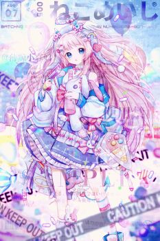 1girl :q ;q animated animated_gif asymmetrical_legwear bag bag_charm balloon beanie blinking blue_bag blue_boots blue_eyes blue_horns blue_skirt blue_sky blue_tail blunt_bangs boots boqing_xiao_guafu bow bowtie caution_tape charm_(object) chinese_commentary closed_mouth cloud cloud_halo commentary_request commission cross-laced_clothes cross-laced_top cute_weapon day demon_girl demon_horns demon_tail earflap_beanie eyelashes feet_out_of_frame flower food food-themed_bag food-themed_hair_ornament frilled_skirt frills gun hair_flower hair_ornament hairclip halo handgun hat hat_bow hat_ornament heart heart_hat_ornament highres holding holding_gun holding_stuffed_toy holding_weapon horn_ornament horn_ribbon horns horns_through_headwear ice_cream ice_cream_cone jacket kneehighs light_blush long_hair miniskirt mismatched_legwear one_eye_closed open_clothes open_jacket original parted_lips pill pink_bow pink_bowtie pink_hair pink_halo pink_ribbon planet_hair_ornament pleated_skirt pom_pom_(clothes) purple_hat rainbow rainbow_hat_ornament ribbon ribbon-trimmed_jacket ribbon-trimmed_skirt ribbon_trim sample_watermark shirt shoulder_bag single_bare_shoulder single_kneehigh single_sock skirt sky sleeveless sleeveless_shirt smile socks solo sparkle standing strawberry_hair_ornament striped_bow stuffed_animal stuffed_rabbit stuffed_toy tail tongue tongue_out too_many_watermarks transparent_bag turtleneck turtleneck_shirt two_side_up very_long_hair watermark weapon weibo_watermark white_flower white_jacket white_shirt white_socks winking_(animated)