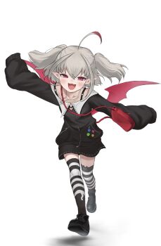 Rule 34 | 1girl, :d, ahoge, animal ear legwear, ankle boots, asymmetrical legwear, badge, bag, bare shoulders, black boots, black jacket, black skirt, black thighhighs, blush, boots, button badge, cat ear legwear, collarbone, colored tips, demon wings, dyed ahoge, fang, full body, grey hair, hair between eyes, handbag, hashtag-only commentary, highres, jacket, jewelry, leaning forward, looking at viewer, makaino ririmu, makaino ririmu (2nd costume), medium hair, miniskirt, mismatched legwear, multicolored hair, necklace, nijisanji, off-shoulder jacket, off shoulder, open mouth, outstretched arms, platform boots, pointy ears, red bag, red eyes, red streaks, red wings, running, saiko daze, shoulder bag, sidelocks, simple background, skin fang, skirt, sleeves past fingers, sleeves past wrists, smile, solo, spread arms, strap slip, streaked hair, striped clothes, striped thighhighs, thighhighs, twintails, virtual youtuber, white background, white thighhighs, wings, zettai ryouiki, zipper, zipper pull tab