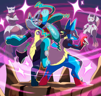 4others :&lt; absurdres back-to-back black_fur blue_eyes blue_fur clenched_teeth fighting_stance floating gen_1_pokemon gen_4_pokemon glaring harlequinwaffles highres knee_up legendary_pokemon lucario mega_lucario mega_lucario_z mega_mewtwo_x mega_mewtwo_y mega_pokemon mewtwo multicolored_fur multiple_others nintendo no_humans pokemon pokemon_(creature) red_eyes red_fur serious sideways_mouth snout tail teeth yellow_fur