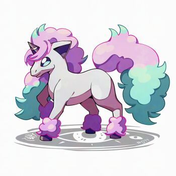 blue_hair full_body galarian_form galarian_ponyta gen_8_pokemon horns mistray-art multicolored_hair nintendo pink_hair pokemon pokemon_(creature) simple_background single_horn solo tail two-tone_hair unicorn white_background white_fur