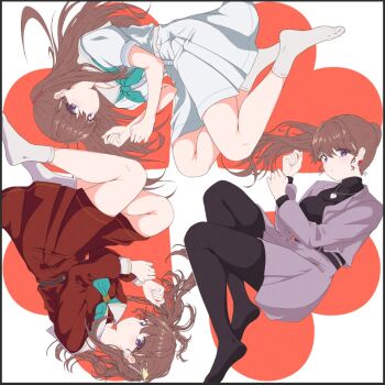 1girl anime_coloring aqua_neckerchief bad_id bad_twitter_id black_pantyhose black_sweater breasts brown_dress brown_hair chain chain_necklace closed_mouth dress earrings floating_hair foot_out_of_frame fujishima_megumi fujishima_megumi_(post-graduation) grey_jacket grey_skirt hair_ornament hair_ribbon hasu_no_sora_school_uniform heart heart_earrings heart_necklace jacket jewelry large_breasts link!_like!_love_live! long_hair long_sleeves looking_at_viewer love_live! medium_dress miniskirt multiple_views neckerchief necklace no_shoes on_your_mark_(love_live!) open_clothes open_jacket pantyhose parted_lips pleated_dress pleated_skirt ponytail puffy_short_sleeves puffy_sleeves purple_eyes rakinegimagi ribbon rotational_symmetry sailor_collar sailor_dress school_uniform short_sleeves sidelocks simple_background skirt smile socks suit_jacket summer_uniform sweater triangle_hair_ornament turtleneck turtleneck_sweater twintails two_side_up virtual_youtuber white_background white_dress white_ribbon white_sailor_collar white_socks winter_uniform