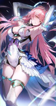 Rule 34 | 1girl, absurdres, aemeath (wuthering waves), ahoge, arms up, bare shoulders, breasts, closed mouth, commentary, elbow gloves, gloves, hair ornament, highres, leotard, long hair, looking at viewer, medium breasts, orange eyes, pink hair, ponytail, ryugisa, showgirl skirt, skirt, smile, solo, star-shaped pupils, star (symbol), symbol-shaped pupils, thighs, white gloves, white leotard, white skirt, wuthering waves