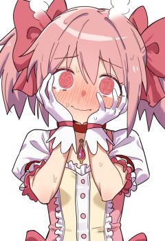 1girl @_@ absurdres blush bow choker ebora full-face_blush gloves hair_bow hand_on_own_face highres juliet_sleeves kaname_madoka kaname_madoka_(magical_girl) long_sleeves magical_girl mahou_shoujo_madoka_magica pink_choker pink_eyes pink_hair puffy_sleeves solo soul_gem sweat twintails wavy_mouth white_gloves