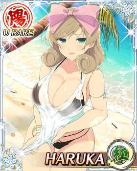 1girl beach bikini bikini_top_under_shirt bikini_under_clothes black_bikini border bow breasts brown_hair card_(medium) character_name cleavage curled_ends dripping game_cg green_eyes hair_bow haruka_(senran_kagura) large_breasts looking_at_viewer medium_hair ocean official_art palm_tree parted_lips pink_bow see-through_clothes see-through_shirt senran_kagura senran_kagura_new_wave shirt solo swept_bangs swimsuit third-party_source tree wet wet_clothes wet_hair wet_shirt white_shirt