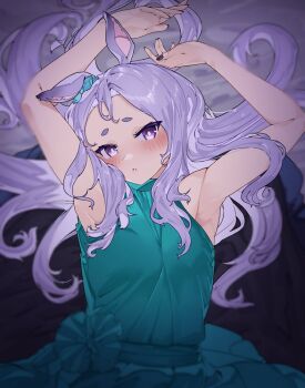 1girl animal_ears aqua_dress armpits arms_up black_nails blush commentary_request dress fingernails horse_ears horse_girl looking_at_viewer lying mejiro_mcqueen_(umamusume) nail_polish on_back purple_eyes purple_hair short_eyebrows sleeveless sleeveless_dress solo takamaza umamusume