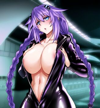 1girl areola_slip blue_eyes blush bodysuit braid breasts cleavage hair_ornament half-closed_eyes hands_on_own_chest headgear highres huge_breasts in_heat legs long_hair looking_at_viewer navel neptune_(neptunia) neptune_(series) nipple_slip nipples no_bra nyamota parted_lips purple_hair purple_heart_(neptunia) seductive_gaze solo source_request sweat thick_thighs thighs toned tongue twin_braids unzipped