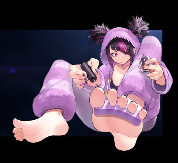 1girl barefoot black_hair blue_eyes feet han_juri heterochromia highres long_hair multicolored_hair nail_polish onesie red_eyes soles streaked_hair street_fighter street_fighter_6 toenail_polish toenails toes umino_hotate