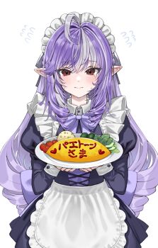 1girl absurdres alternate_costume apron arms_up black_dress blush bow bowtie closed_mouth dress enmaided flying_sweatdrops food frilled_apron frilled_hairband frills hairband highres holding holding_plate kangi_nako long_hair looking_at_viewer maid maid_apron maid_headdress mole mole_under_eye omelet omurice plate pointy_ears purple_bow purple_bowtie purple_hair red_eyes simple_background solo sweatdrop very_long_hair vivian_banshee waist_apron white_apron white_background white_hairband zenless_zone_zero