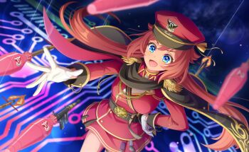 Rule 34 | 1girl, :d, blue eyes, blurry, commentary request, cosplay, depth of field, dutch angle, epaulettes, game cg, gloves, hand on own hip, hat, highres, long hair, looking at viewer, night, official art, ongeki, open mouth, ousaka akane, ousaka akane (cosplay), red hair, skirt, smile, solo, third-party source, weapon, white gloves, world dai star, yonaguni hikari