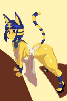 1girl alternate_costume animal_crossing ankha_(animal_crossing) ass blue_hair breasts dress dumbwitchyy from_above from_side full_body furry furry_female high_heels highres leaning_forward looking_up medium_breasts nintendo sideboob solo striped_tail tail thick_thighs thighs uraeus usekh_collar yellow_background