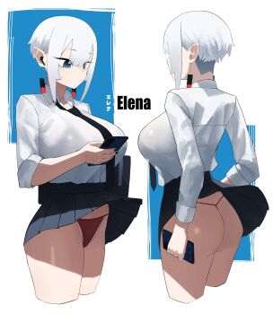 1girl :/ ass bare_legs black_nails black_necktie blue_eyes blunt_bangs bob_cut bra_visible_through_clothes breasts clothes_pull collared_shirt earrings elena_(hazuki_kazue) eyeliner from_behind from_side g-string hair_between_eyes hazuki_kazue highres holding holding_phone huge_breasts inverted_bob jewelry makeup microskirt multiple_views necktie original panties phone pleated_skirt pointy_ears raised_eyebrows red_panties shirt shirt_tucked_in short_hair sidelocks skirt skirt_pull slit_pupils solo string_panties t-back thighs thong undercut underwear white_hair white_shirt wireless_earphones