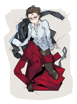 Rule 34 | 1boy, :/, absurdres, amputee, black jacket, black socks, brown eyes, brown hair, collared shirt, double amputee, from above, full body, glasses, gregor (project moon), hair slicked back, highres, incorrectnobody, jacket, limbus company, male focus, narrowed eyes, necktie, night awls (identity) (project moon), no prosthetic arm, official alternate costume, project moon, red jacket, shirt, sitting, socks, solo, unworn jacket, unworn necktie, white shirt