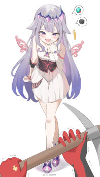 2girls :d anger_vein bare_shoulders diamond_(minecraft) dress elbow_gloves female_pov fingerless_gloves gem gloves gradient_hair hair_between_eyes hair_ornament hand_on_own_face highres holding hololive hololive_english hololive_indonesia kaela_kovalskia koseki_bijou koseki_bijou_(1st_costume) long_hair mesugaki multicolored_hair multiple_girls open_mouth pickaxe pov purple_eyes purple_hair simple_background smile vanillafox2035