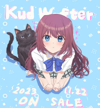 1girl 2023 a-chan_(little_busters!) absurdres barefoot black_cat blue_background blue_bow blue_eyes blush bow breasts cat closed_mouth collared_shirt commentary_request copyright_name dated english_text eyelashes foreshortening from_above full_body hands_on_own_knees highres kud_wafter little_busters! little_busters!_school_uniform long_hair looking_at_viewer medium_breasts miiizuno_lbs purple_hair revision school_uniform shirt short_sleeves sidelocks simple_background sitting solo sparkle very_long_hair wariza white_shirt