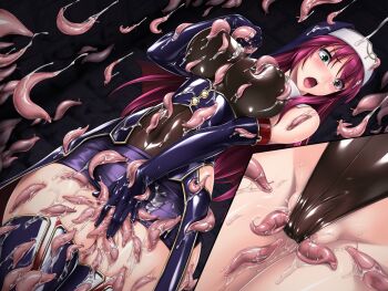 1girl bare_shoulders black_gloves blush boots breasts cameltoe covered_erect_nipples covered_navel cowboy_shot dutch_angle elbow_gloves game_cg gloves green_eyes highleg highleg_leotard large_breasts latex latex_legwear leotard liese_heldebrand long_hair miniskirt multiple_views nengoku_no_liese nipple_stimulation nipple_tweak non-web_source nun official_art open_mouth purple_hair pussy_juice red_hair rindou_(radical_dream) see-through_clothes shiny_clothes showgirl_skirt skin_tight skirt slime_(substance) slug solo standing tentacles tentacles_under_clothes thigh_boots thighhighs thighs through_clothes variant_set