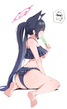 1girl absurdres animal_ears ass barefoot bikini black_bikini black_hair blue_archive cat_ears doodle_sensei_(blue_archive) feet food frilled_bikini frills half-closed_eyes highres open_mouth plentyofempty popsicle red_eyes sensei_(blue_archive) serika_(blue_archive) serika_(swimsuit)_(blue_archive) simple_background soles solo sunglasses swimsuit toes twintails white_background