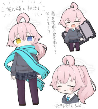 1girl :d ahoge black_shoes blue_archive blue_eyes blue_scarf blush_stickers chibi closed_eyes closed_mouth fang fang_out fringe_trim grey_skirt grey_sweater hair_between_eyes halo heterochromia highres holding holding_shield hoshino_(blue_archive) looking_at_viewer miranofuudoria multiple_views open_mouth pantyhose pink_hair plaid_clothes plaid_skirt pleated_skirt ponytail purple_pantyhose riot_shield scarf school_uniform shield shoes simple_background skirt smile sweater translation_request white_background yellow_eyes