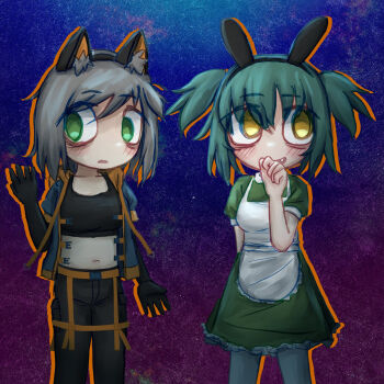 Rule 34 | 2girls, animal ear fluff, animal ears, apron, aqua hair, arm behind back, bags under eyes, black gloves, black pants, blue background, blue jacket, borrowed character, breasts, commission, dress, elbow gloves, fake animal ears, fang, frilled apron, frills, gloves, gradient background, green dress, green eyes, grey hair, hairband, highres, jacket, large breasts, looking to the side, mentha (menthalovely), midriff, mint (menthalovely), multiple girls, navel, open mouth, orange outline, orange trim, original, outline, pants, puffy short sleeves, puffy sleeves, purple background, rabbit ears, short hair, short sleeves, short twintails, thighhighs, twintails, white apron, white thighhighs, wolf ears, yellow eyes